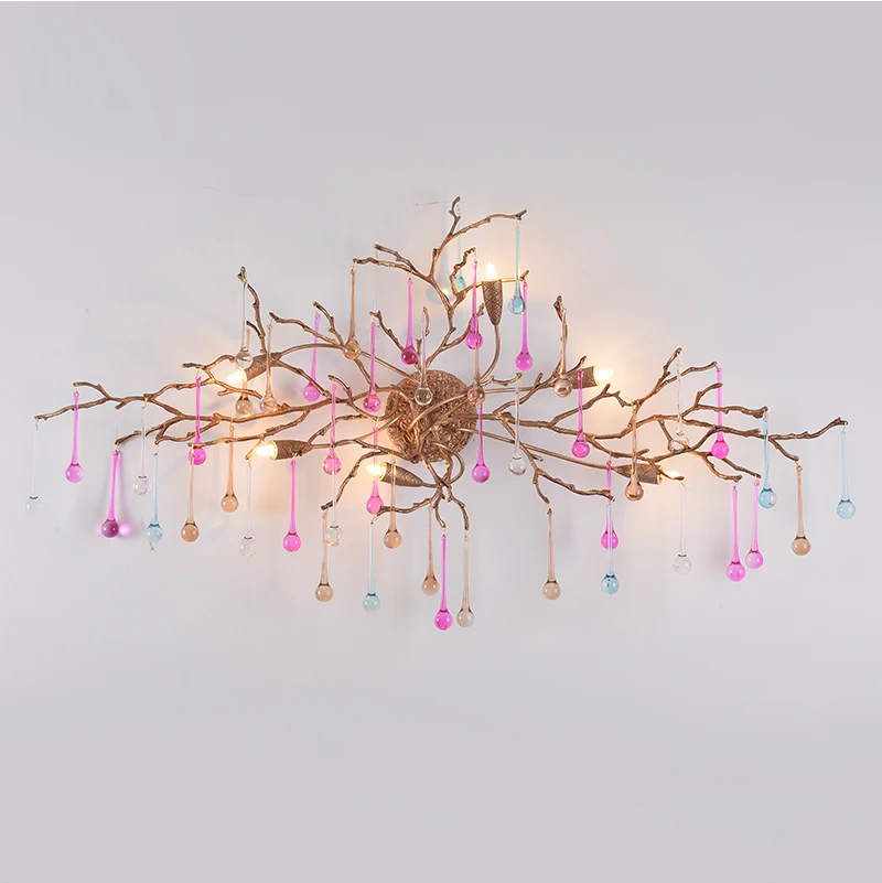 

Phube Lighting Artistic Branches Crystal Wall Lamp Water Drops Wall Light Colored Glazed Bar Salon Copper Sconce Light Lighting