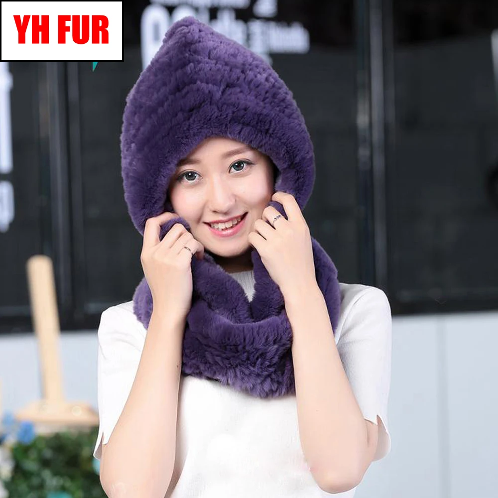 

New Fashion Real Rex Rabbit Fur Hooded Scarf 100% Natural Women Knitted Rabbit Fur Scarf Winter Warm Real Rex Rabbit Fur Scarves