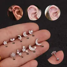 Zircon Moon Star Flower Tiny Cartilage Earring Small Cartilage Stud Ear Helix Piercing Jewelry Tragus Conch Stud Earring
