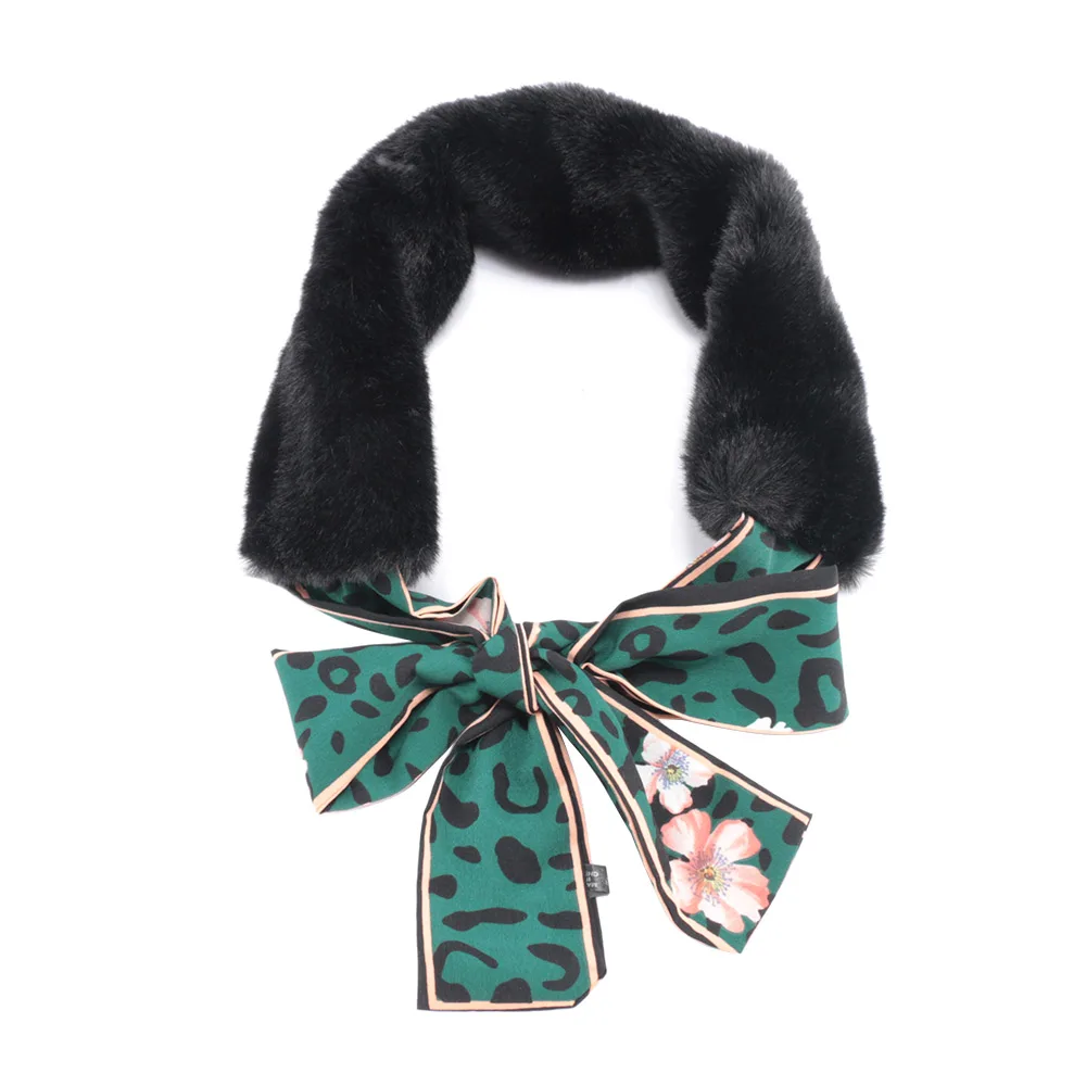 Имитация кроличьего меха шарф Мягкие плюшевые шарфы для женщин воротник леопардовая лента с принтом палантин женские аксессуары - Цвет: Зеленый