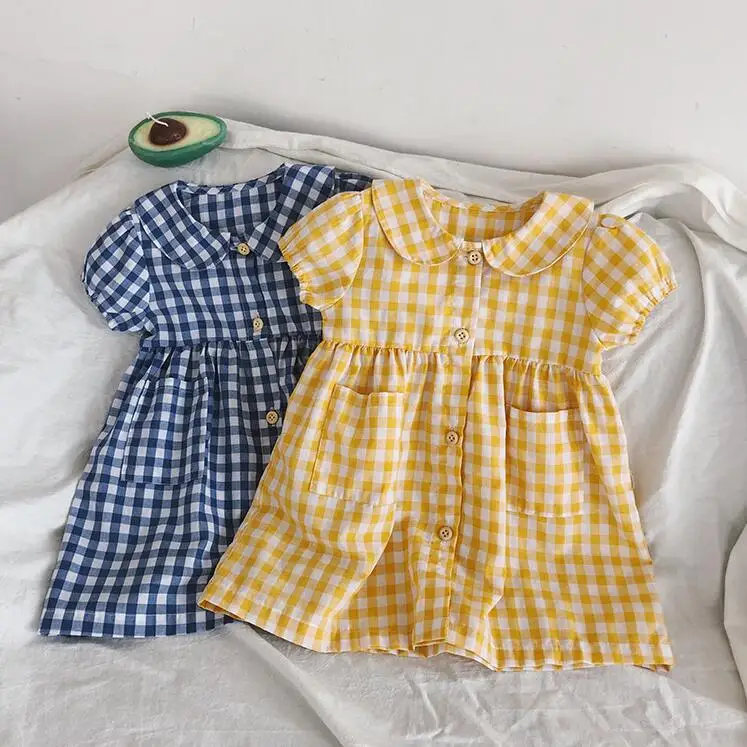 

2019 Korean Style Girls Plaid Dress Cotton Fashion Summer Girls Dresses 1-6t PV102