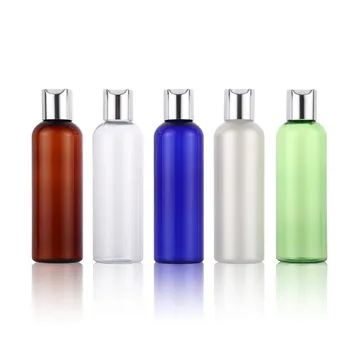 baratas 30 Pcs 200 Ml De Plástico Vazio Frascos De Loção Prata Tampa Superior Do Disco De Alumínio Tamanho Viagem SPA DIY Recipiente De Sabão Líquido Shampoo