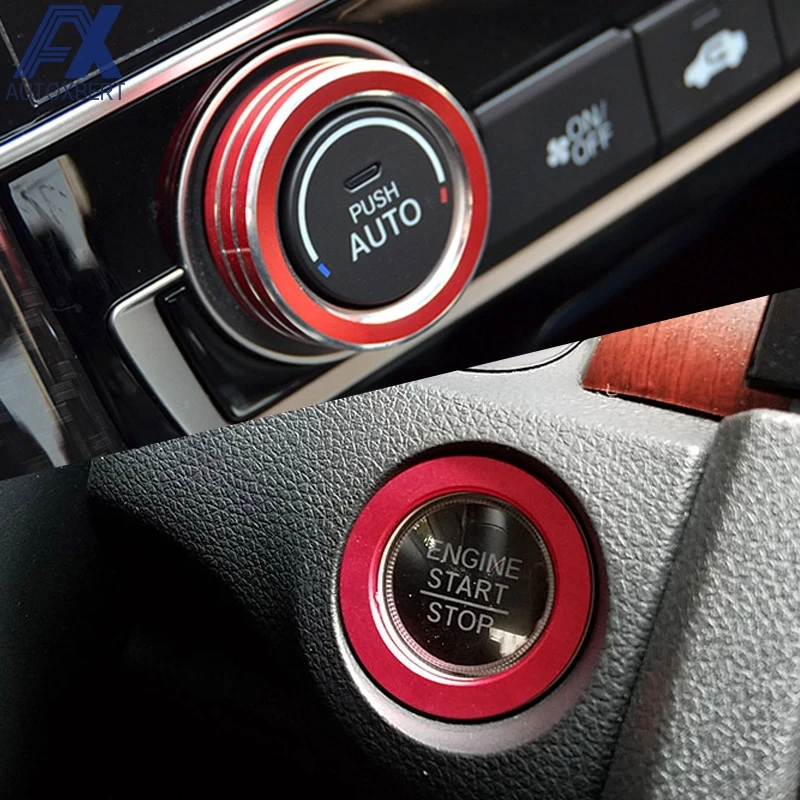 AX Red Aluminum AC A/C Knob Control Engine Start Stop Push Button Ignition Switch Ring Trim