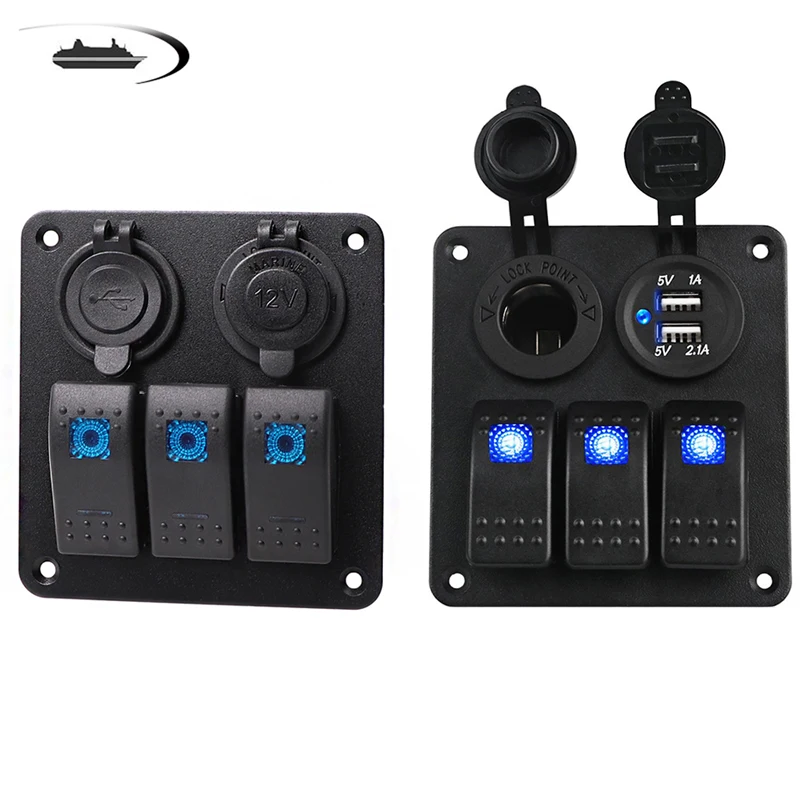 

3/4 /2 Gang Waterproof Boat Switch Panel 12~24V Marine Car Rocker Switch Panel Control Car Dual USB Charger with Blue LED