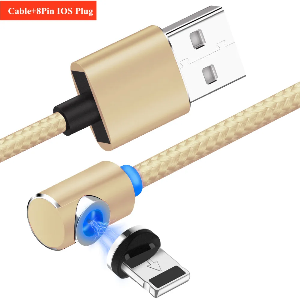 10 шт./ 90 градусов 1 м 3.28ft светодиодный магнитный кабель Micro USB для iPhone samsung 3 в 1 IOS type C кабель зарядного устройства Быстрая зарядка - Цвет: NEW Gold IOS Cable