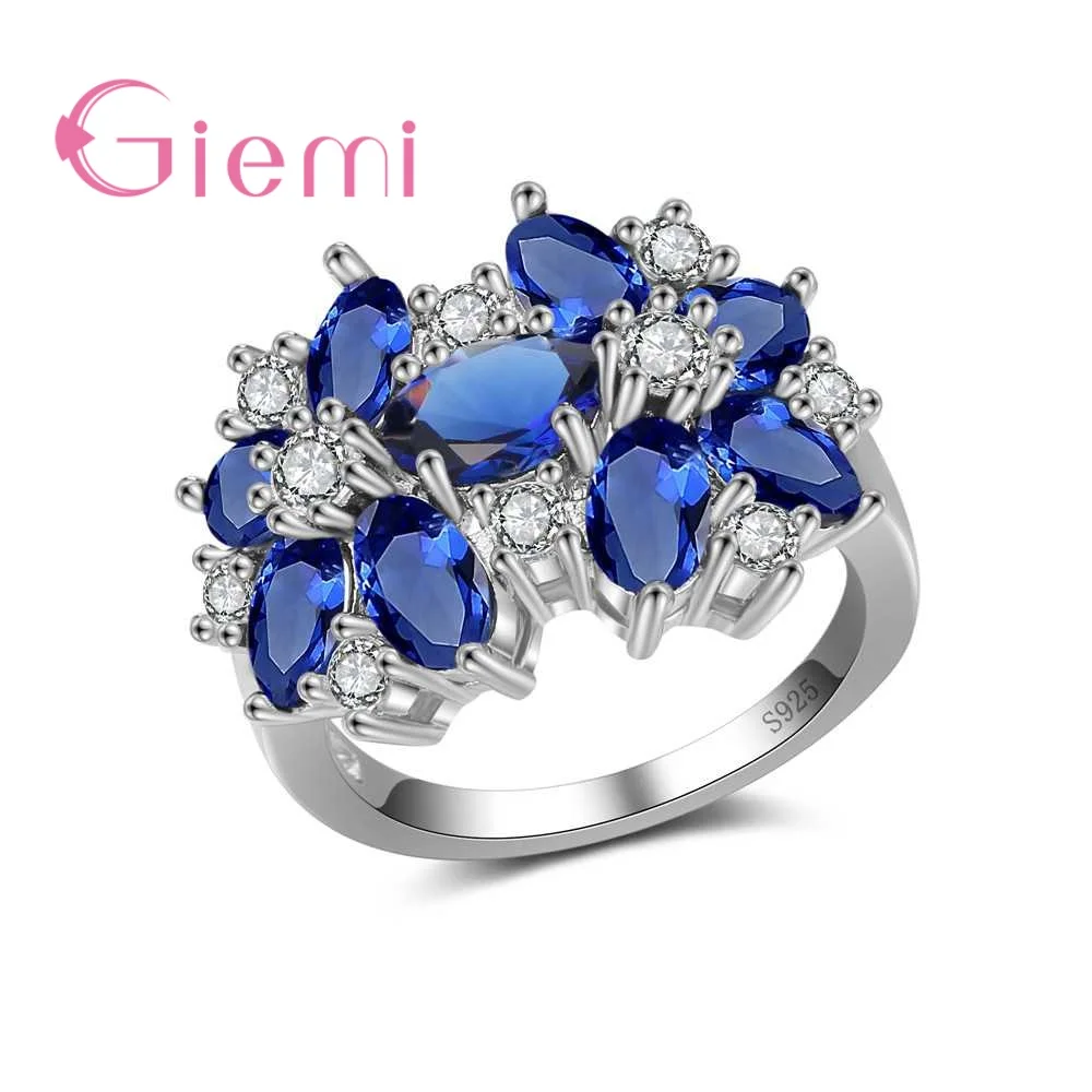 

GIEMI Gorgeous Luxury Rings Flower Shape Dark Blue Cubic Zirconia 925 Sterling Silver For Women Engagement Anniversary Jewelry