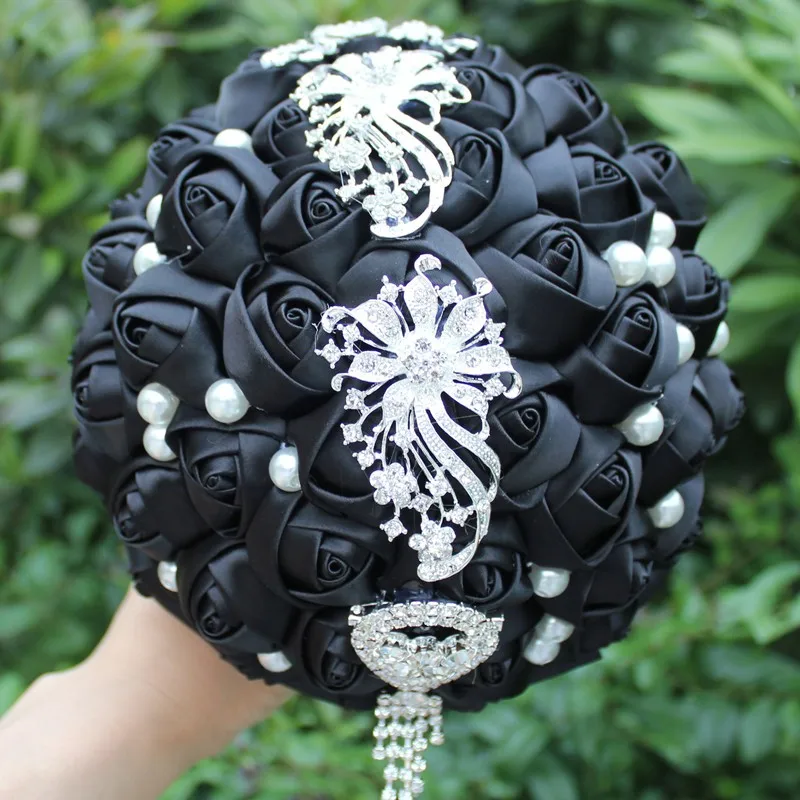 Черный искусственный цветок ручной работы, свадебный букет, свадебные кисточки, стразы с бриллиантами, украшение для свадьбы, держатель W229