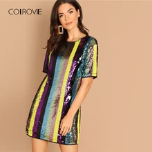 COLROVIE/разноцветная туника в полоску, сексуальное платье с блестками, женская одежда, весна, короткий рукав, модное корейское клубное мини-платье, вечерние платья