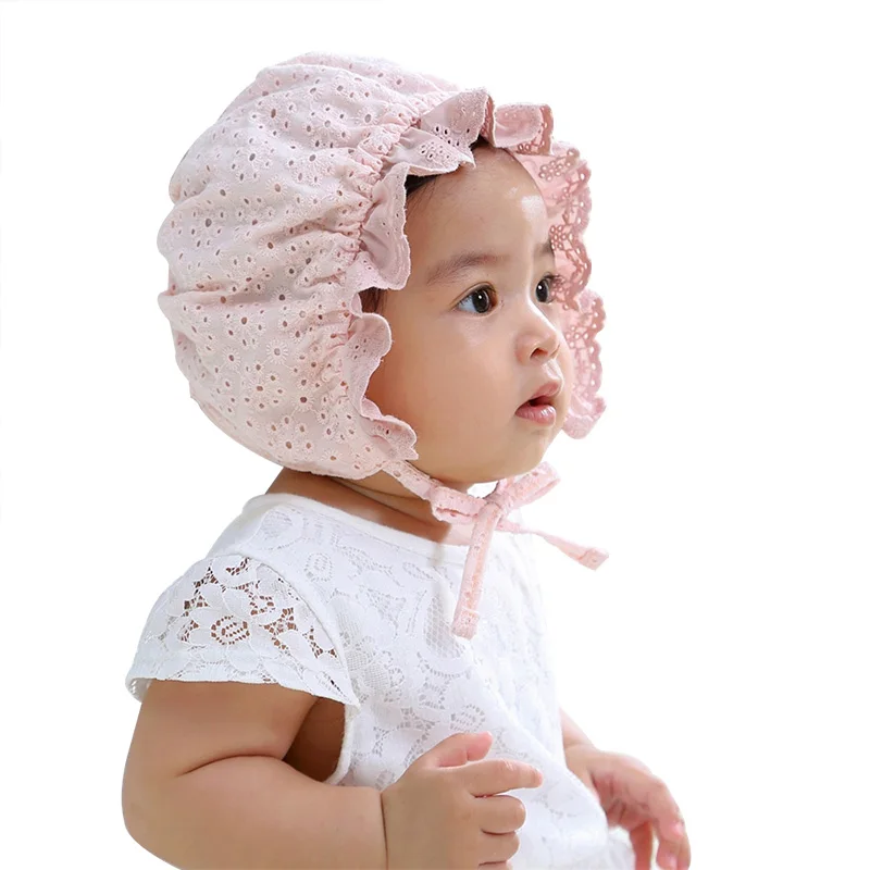 Модная кружевная Детская кепка для новорожденных девочек, реквизит для фотосъемки, Детская шляпа, летняя хлопковая детская шляпа, Аксессуары для младенцев, белый, розовый - Цвет: Pink baby hat