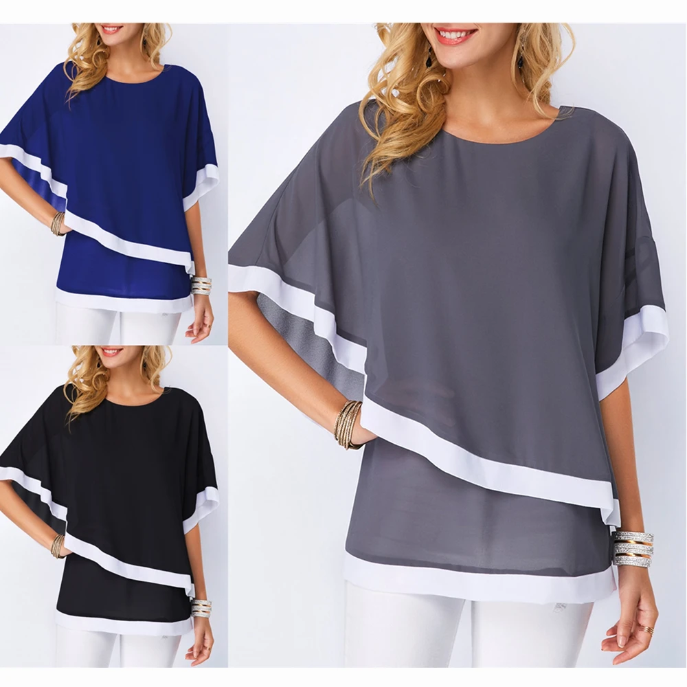 

5XL Plus size summer women's chiffon shirt solid color shirt round neck fashion bat sleeve stitching irregular shirt Long coat