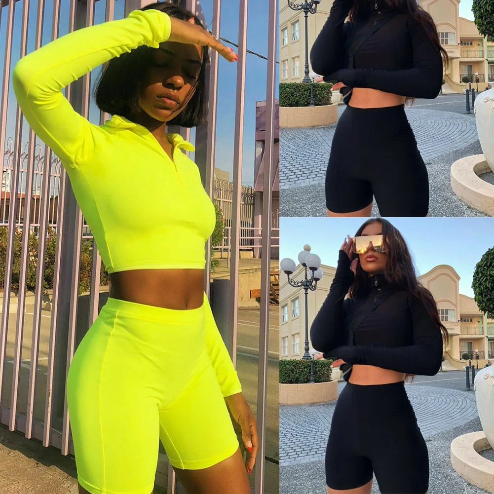 

Fashion Two Piece Set Women Tracksuits Long Sleeves Crop Tops Shorts Pants Fitness Sports Suit 2Pcs Set Bodycon Female Clothes