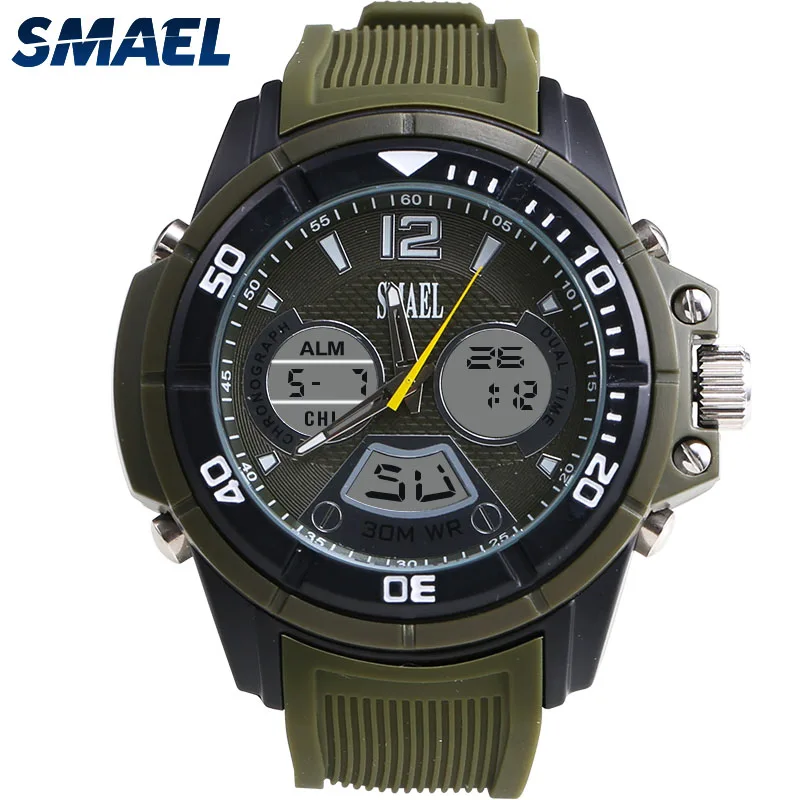 

Fashion Casual Watch Men SMAEL Brand Green 30Meters Waterproof Dive Dual Digital Display Time Clock Men for Gift Hot Clock 1157