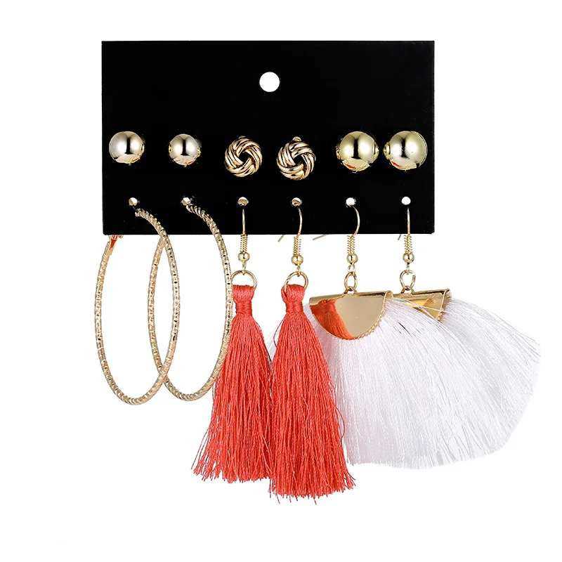

YANG&RH 6 Pairs/lot Gold Alloy Geometric Stud Earring Sets for Women Punk Big Circle Vintage Long Tassel Party Bridal Earrings