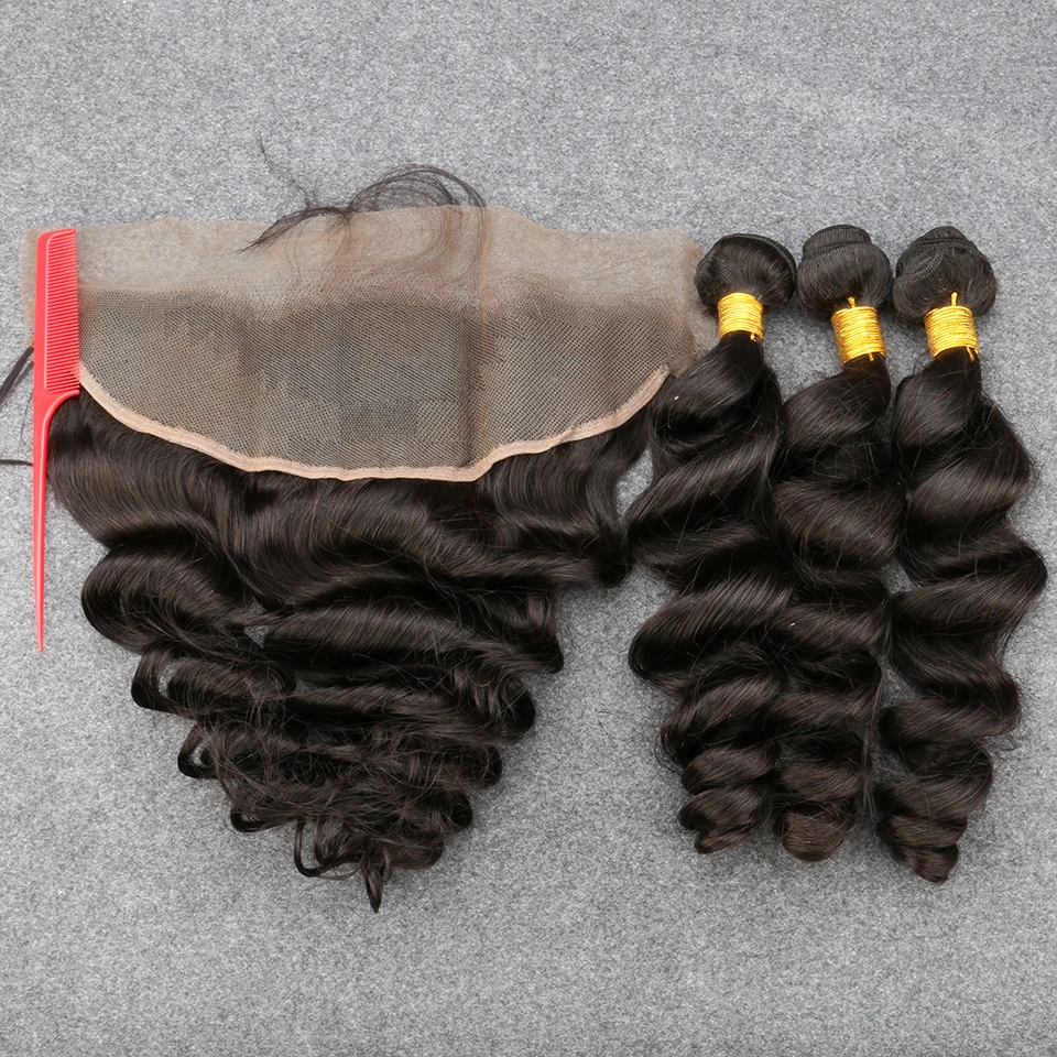 

7A Brazilian Virgin Hair Loose Wave With Frontal Closure 2/3 Bundles Brazilian Loose Wave With Ear To Ear Lace Frontal Closure