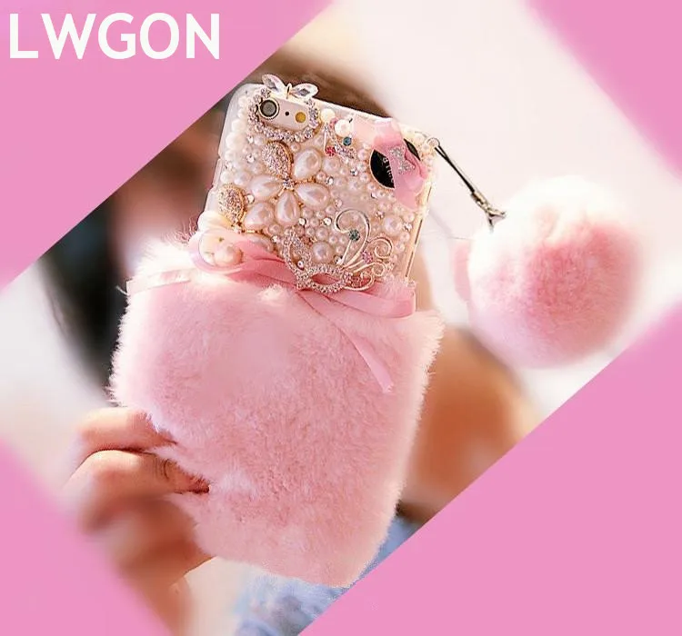 

Cute Plush diamond Lace bow Handmade pearl flower hairball Case For Samsung Galaxy Note 4 5 7 8 9 FE S5 S6 S7 S8 S9 edge Plus
