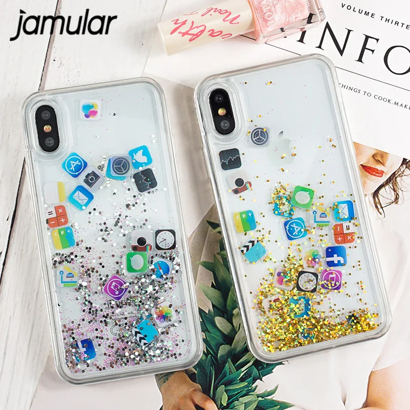 

JAMULAR Funny APP Patterned Phone Case For iphone 7 8 Plus Transparent Quicksand Hard Cover For iphone X 6 6s Plus Shell Capinha