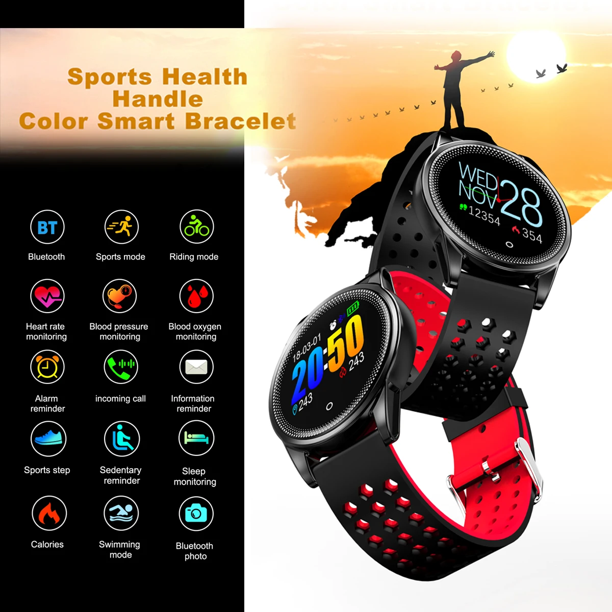 

0.95" OLED Display Screen Blood Oxygen Pressure Heart Rate Sleep Smart Watch Bracelet Wristband Pressure Monitor