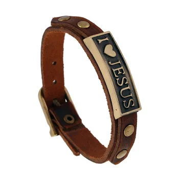 

I Love JESUS Genuine Leather Quality Bracelets Zinc Alloy Letter Embossed Wrap Bracelet 24cm Adjustable Religious Unisex Bangles