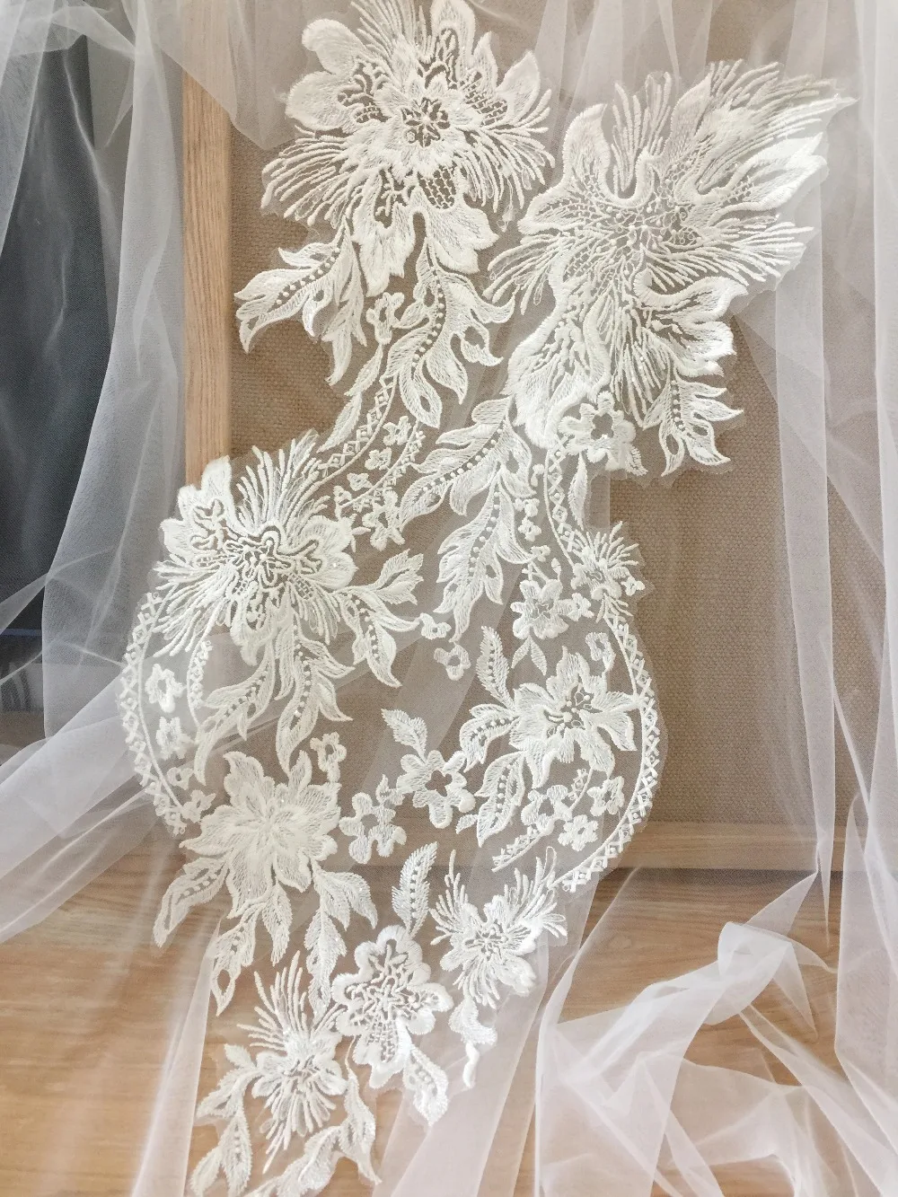 

Large Clear Sequin Cotton Embroidery Lace Applique Flower in Off White , Bridal Bodice Wedding Gown Motif Patch 28 x 65 cm