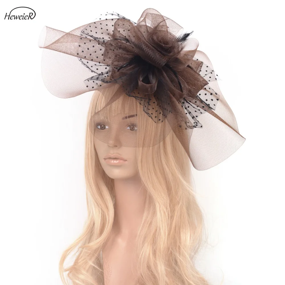 

Elegant Women Ladies Large Brown Net Mesh Fascinators Feather Lace Hair Clips Cocktail Party Hat Headwear Hairpin Hairpiece