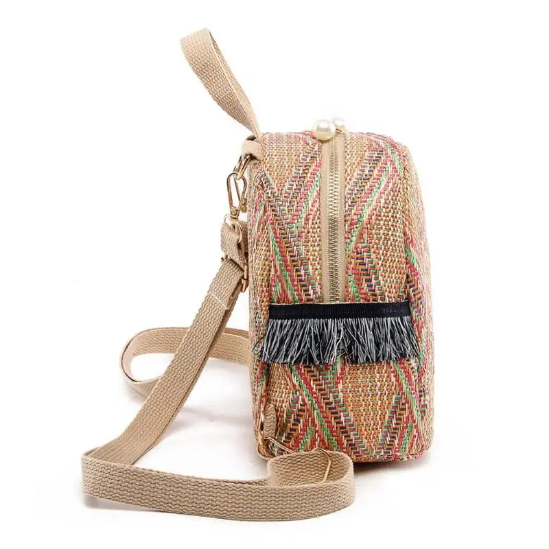 Straw Woven Bag Small Travel Backpacks Women Stripe Print Shoulder School Bags Casual Knitting Knapsack Rucksack Mochila Mujer