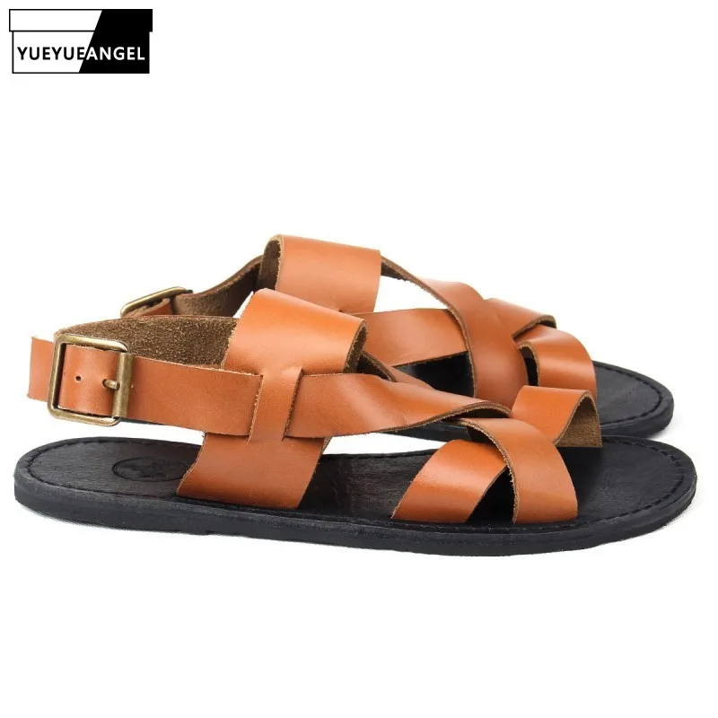 

High Quality Mens Summer Beach Sandals British Casual Fisherman Outside Flats Gladiator Real Leather Cross Straps Slippers Shoes