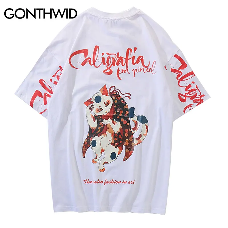 

GONTHWID Embroidery Japanese Ukiyo-E Cat Printed Harajuku Tshirts Streetwear T Shirts 2019 Hip Hop Casual Short Sleeve Tops Tees