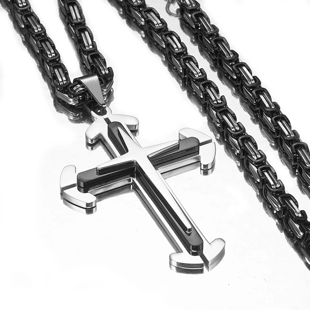 

Hip Hop Punk Stainless Silver Black Steel Christian Jesus Cross Pendant With 5mm Byzantine Chain Necklace Men's Boy's Jewelry