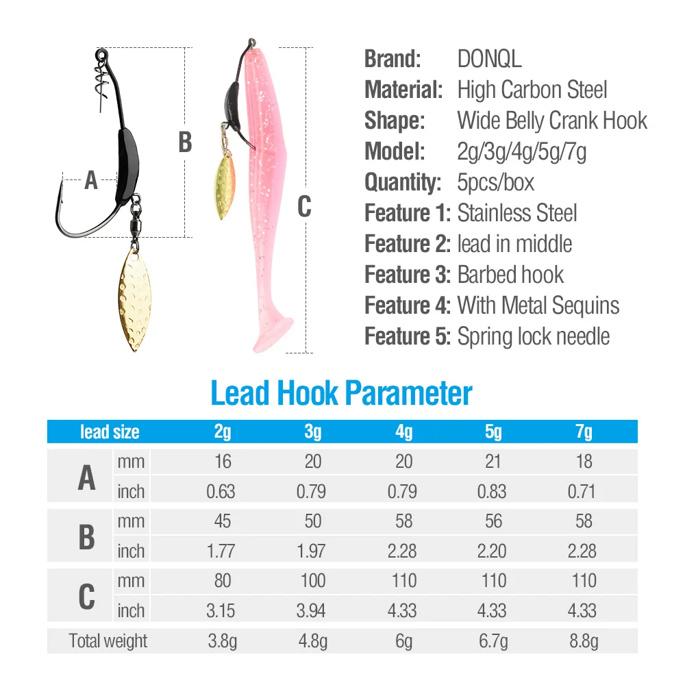 DONQL 5pcsBox Offset Fishing Hooks With Metal Spoon Sequins Add Lead Weight 2g-7g Wide Crank Fishhooks For Soft Lure Baits      (5)