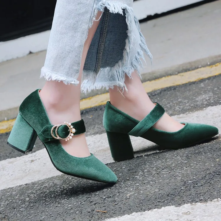 

Big Size 9 10 11 12 ladies high heels women shoes woman pumps Pearl buckle with pointed, thick heels