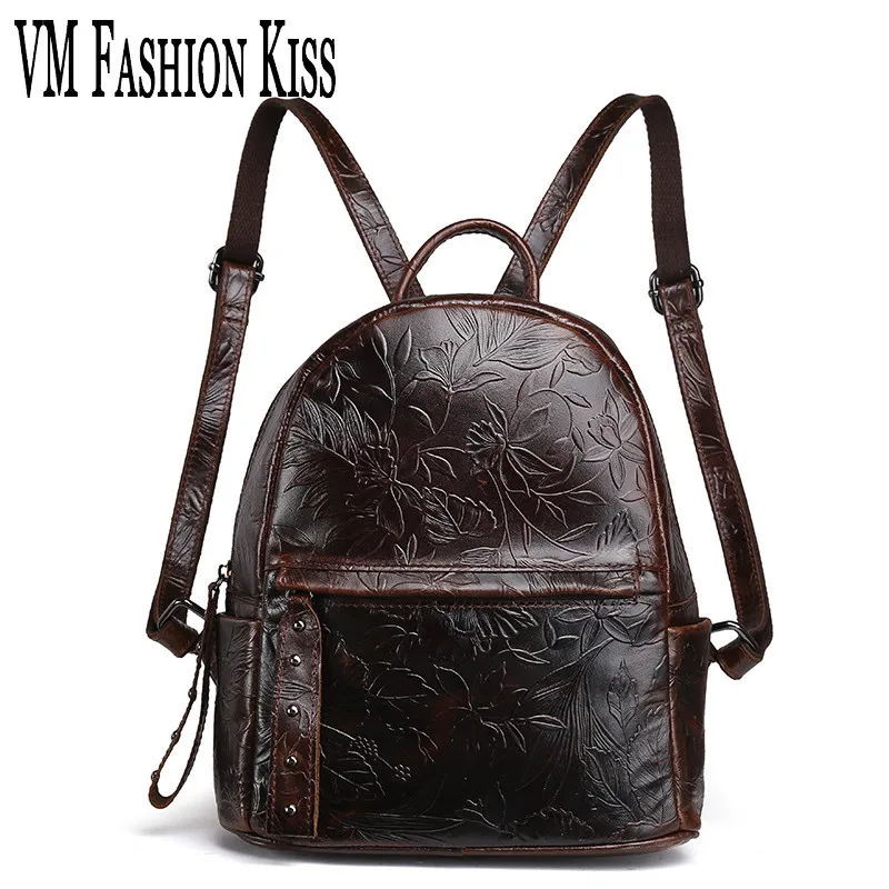 

VM FASHION KISS Vintage Small Backpack Women Genuine Leather Retro Rucksack For Lady Ladies Knapsack Female Girls School Bags