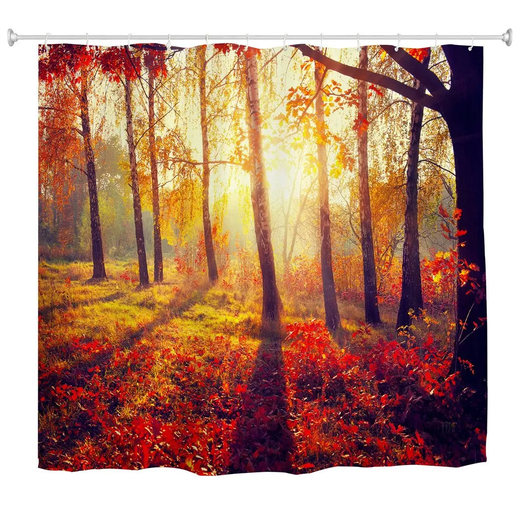 

Fall Shower Curtain Autumn Sunshine Forest Tree Waterproof and Mildew Resistant Bathroom Bath Curtains with Hooks Gold Red Brown