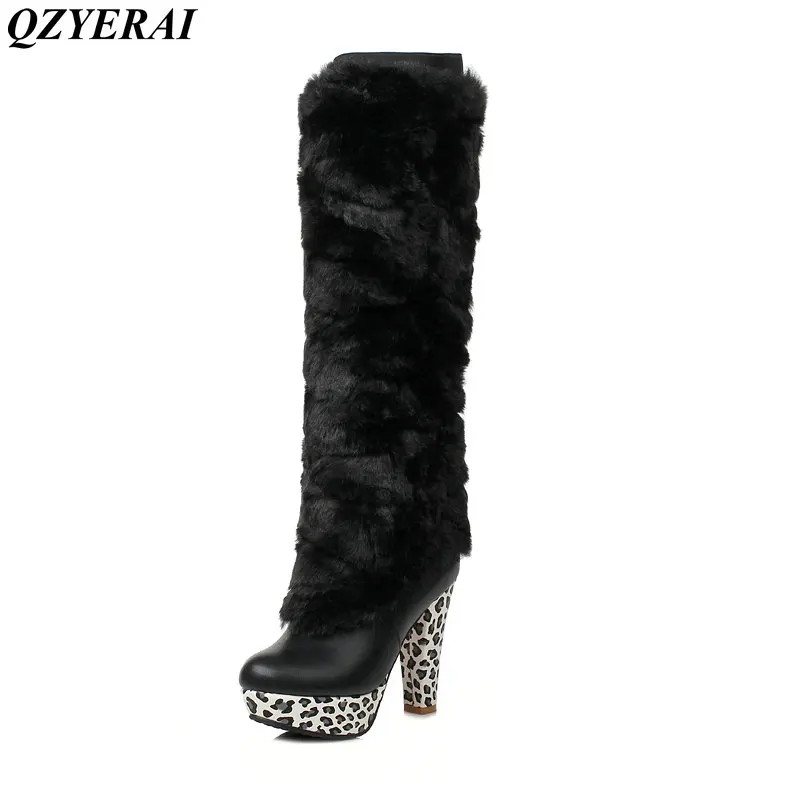 QZYERAI Winter ultra high heel removable print waterproof platform female boot to knee rabbit hair font