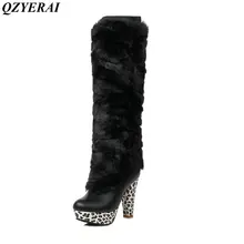 QZYERAI Winter ultra high heel removable print waterproof platform female boot to knee rabbit hair women shoes fashion trend