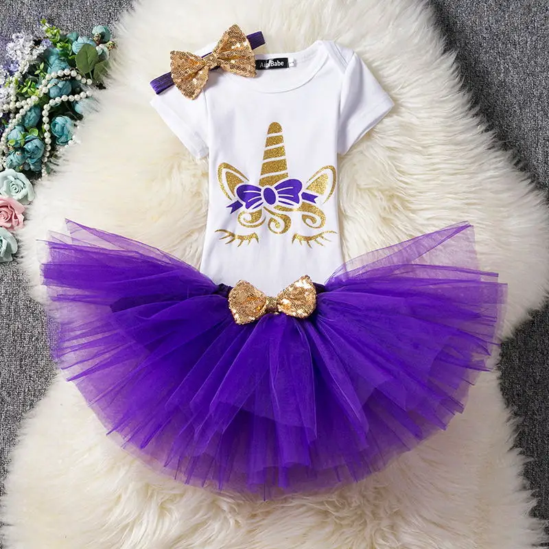 Платье на день рождения для маленьких девочек 1 год хлопковая пачка с единорогом, детская одежда для малышей платья на крестины Одежда для маленьких девочек летняя одежда - Цвет: Purple