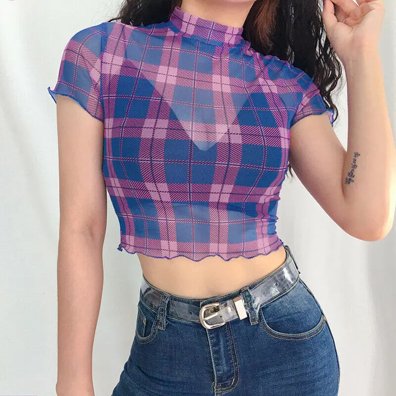 

Polos Mujer Polo Shirt Women Polo Femme Shirt Casual Women Plaid Sheer Mesh Crop Short Sleeve Tops See-through Seamless Shirt