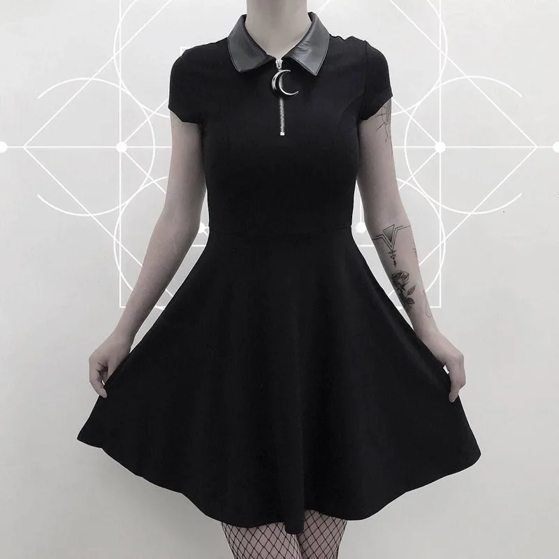 

Gothic Sequined Dress Women Solid Black Street Punk Crescent Zipper Summer Girl Stylish Rock Draped Casual Knee-length Dress
