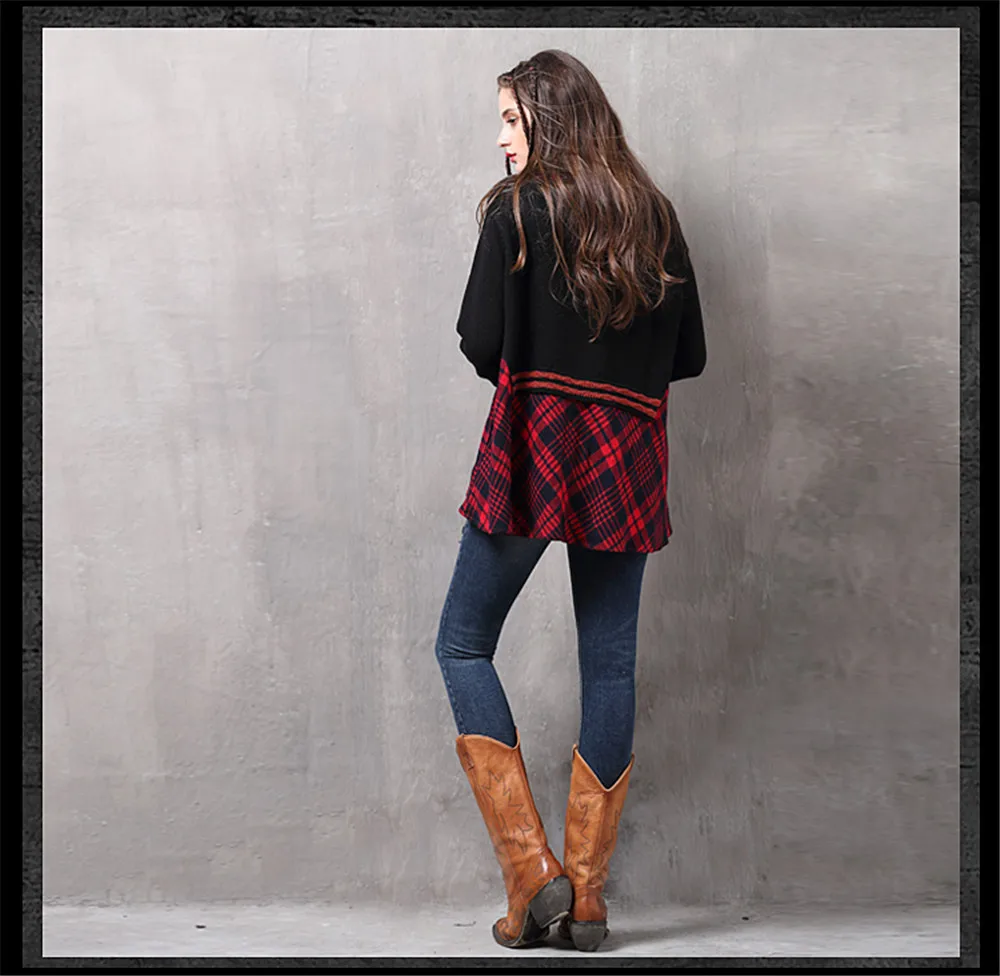Vintage Patchwork Fake 2 Piece Women Blouse Knitted Plaid Long Sleeve Turn-down Collar Shirt Blouse For women Winter Top  (14)