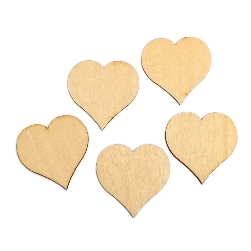 50pcs Natural Heart Wood Craft Embellishments MDF Wooden Cutout