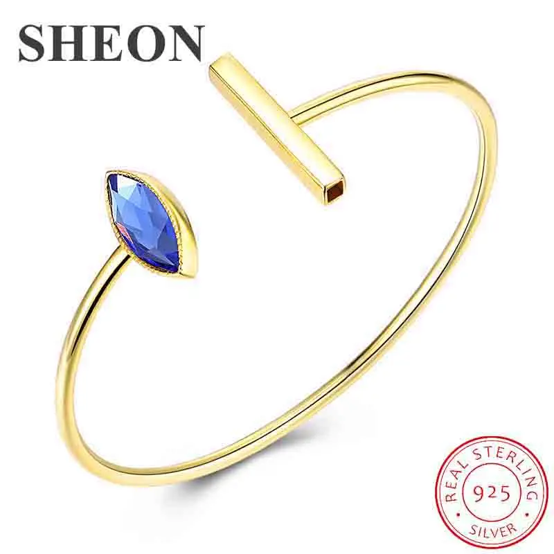 

SHEON Genuine 925 Sterling Silver Noble Blue Crytal Women Open Cuff Bangle & Bracelet Luxury Sterling Silver Jewelry Gift