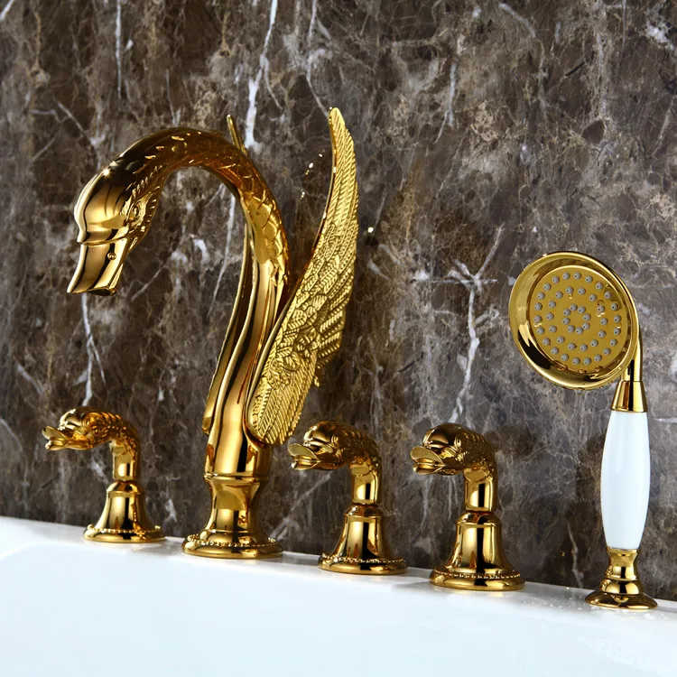 5 Pcs widespread Swan tub shower Faucet mixer tap gold clour bathtub shower faucet swan handles deck mounted