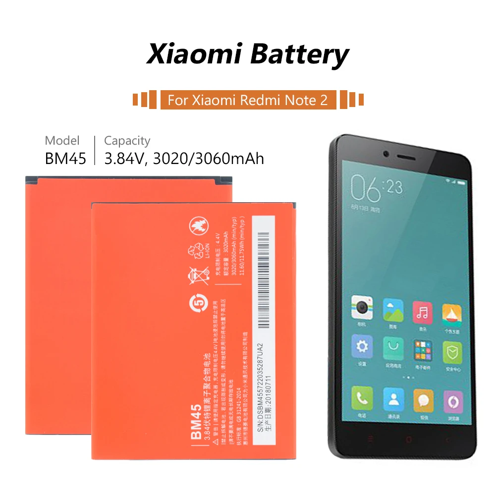 

Phone Battery 3.84V 3020/3060mAh BM45 BM 45 Lithium Li-ion Rechargeable Battery For Xiaomi Redmi Note 2(Hongmi Note 2 Note2)
