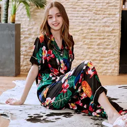 PS0215 2018 новый бренд летние пижамы для женщин с цветочным принтом двойка пижамный комплект короткий рукав V образным вырезом пикантные пиж