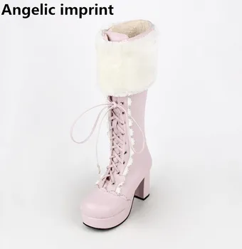 

Angelic imprint mori girl Women motorcycle shoe lady lolita Boots woman high trifle heels pumps platform shoes 33-47 lacework