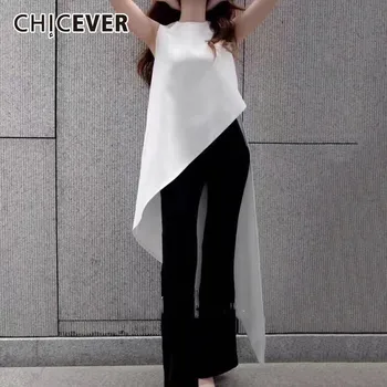 

CHICEVER Summer Elegant Chiffon Solid Women's Blouse O Neck Sleeveless Tank Irregular Hem Long Female Shirt Top Clothing 2020