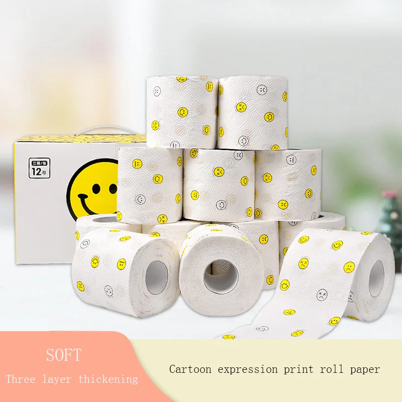 

12 Roll 3 Ply Cute Cartoon Smiling Face Printed WC Bath Funny Toilet Paper Tissue Bathroom Supplies Rolling Paper