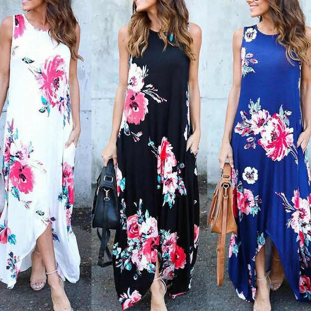 

2019 New Casual Print Dress Women’s Printed Sleeveless O-neck Maxi Dress Hem Baggy Kaftan Long Dress vestidos de festa #C