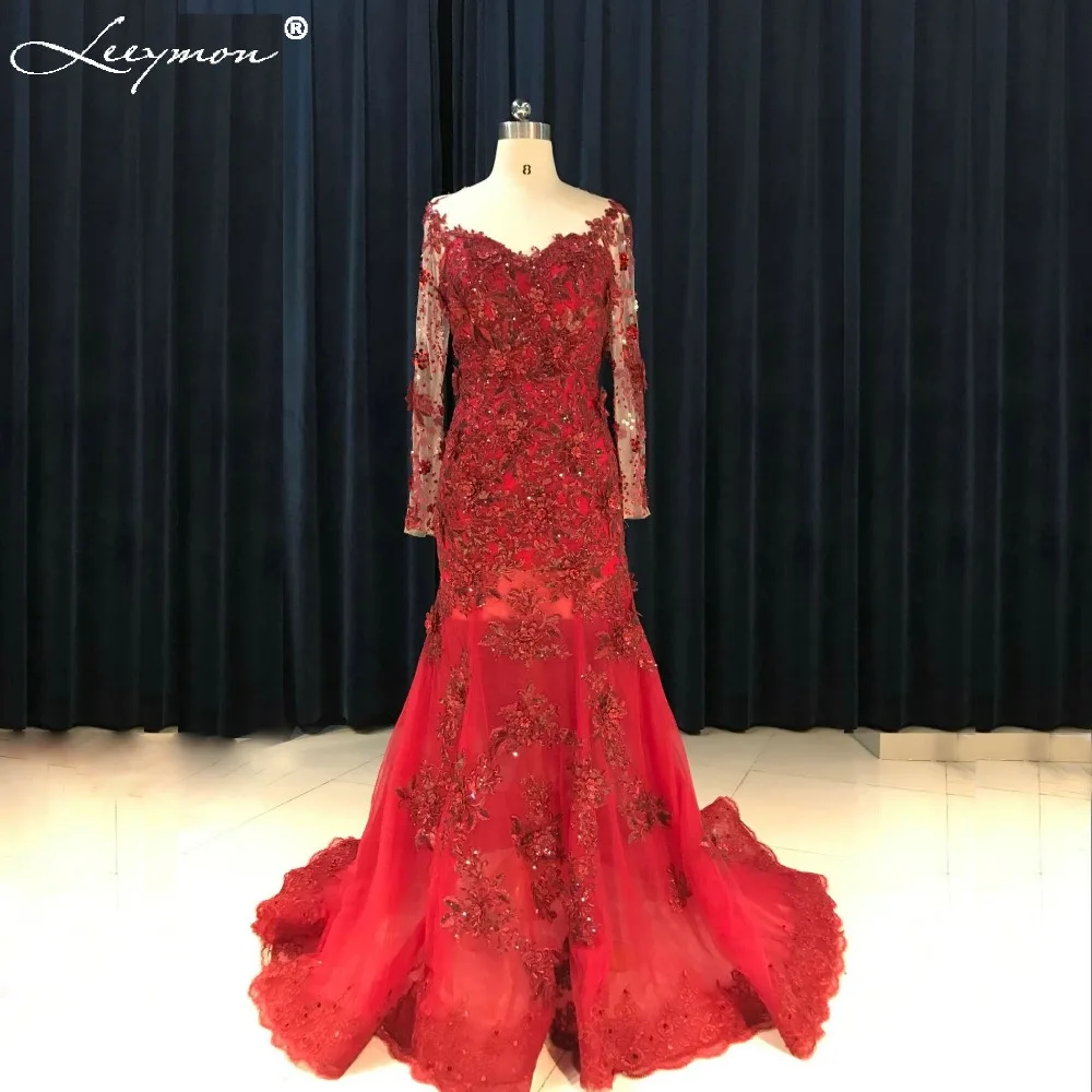 

Real Sexy Open Back Red Lace Mermaid Wedding Dress 2019 Full Sleeve Flower Appliques 3D Bridal Gowns Bride Dress Robe De Mariage