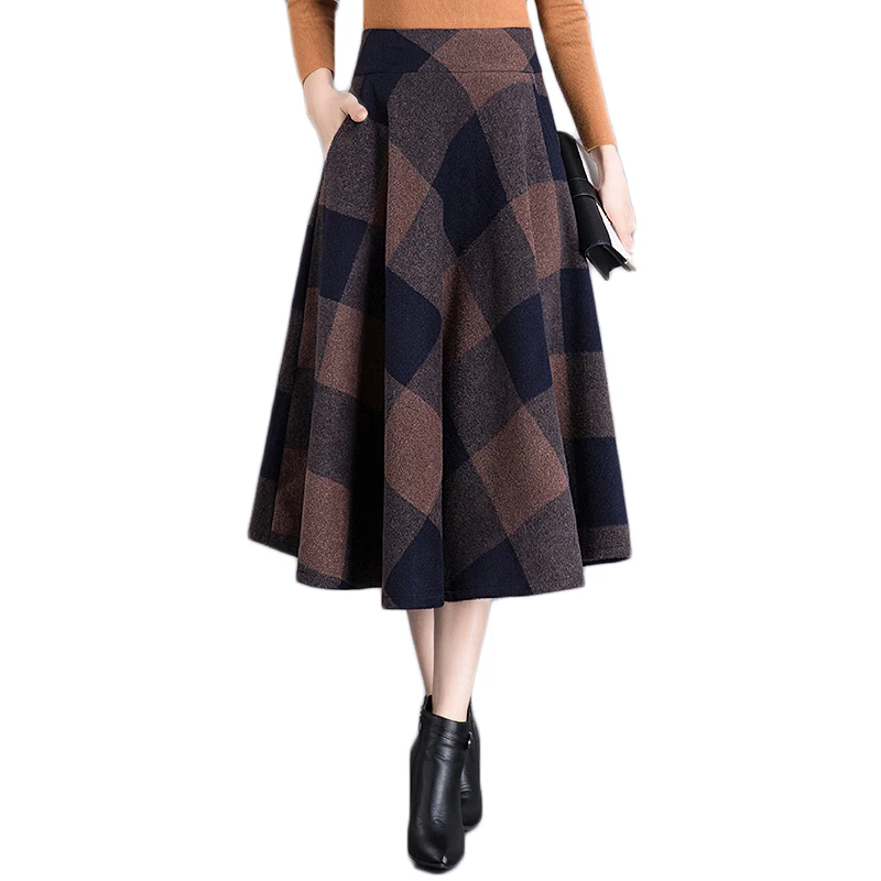 Falda Plus Otoño 2019 Faldas Cuadros Café Invierno Lana M Plisada Elegantes Pantalones Larga Mujer Coffee Bolsillos Cintura Tamaño De 4xl Mujeres Alta gXRrgT