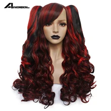 Best Offers ANOGOL Long Body Wave Lolita high temperature fiber Side fringe Wine Red Black Synthetic Cosplay Wigs with 2 Ponytails for women
